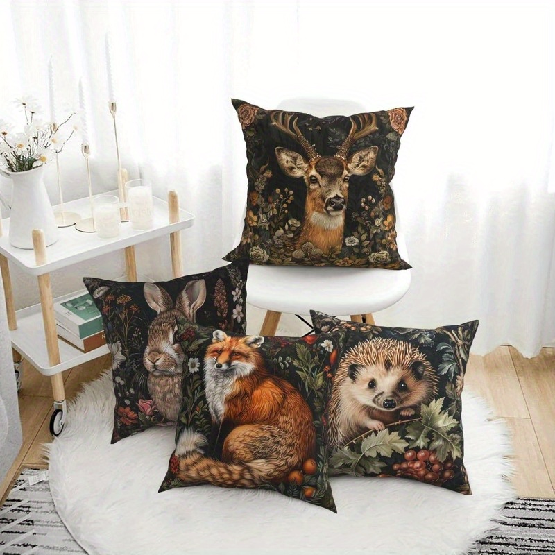 

4pcs Set Vintage Animals Cushion Covers - Deer, Fox, Rabbit, Hedgehog Decorative Throw Pillow Cases For Home And Office Decor, Single-sided Print, Polyester, Square Shape