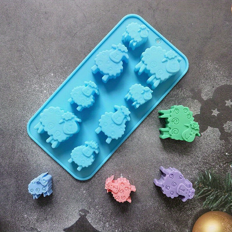 Image of 1pc 8 Hole Sheep Animal Shape Soap Silicone Mold Diy, Cartoon Animal Lamb Silicone Mold, Used For Diy Handmade, Candle Making, Drip Glue Making Track Love Mold