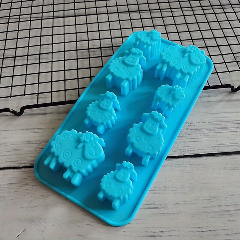 

1pc Animal-shaped Silicone Mold For Diy Soap & Candle Making - 8-cavity Cartoon Sheep, Lamb, Cow Designs In Blue, Handmade Crafts