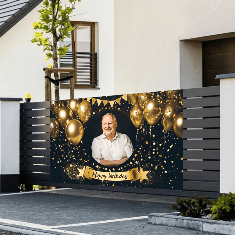 custom happy birthday banner personalize with your photo black golden 41 7x70 8 ideal for front porch decor indoor outdoor celebrations party backdrops happy birthday banner personalized black golden front porch decorations