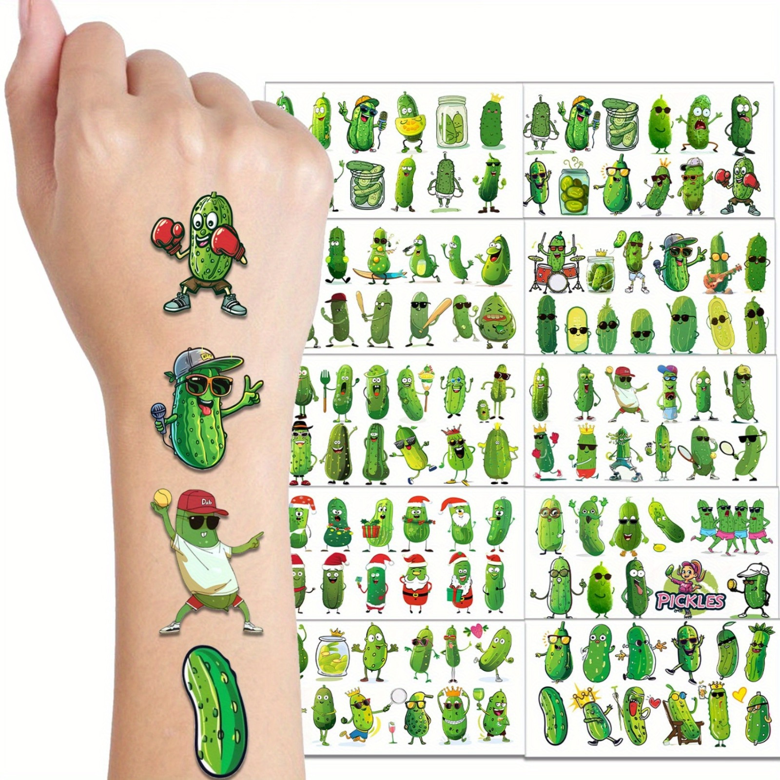 TEMU 10 Sheets Funny Pickle Temporary Tattoos - Whimsical Cucumber Fruit Body Art For Birthday Parties & Festive Events - Vibrant Cartoon Designs, Easy Application & Removal, & Adults