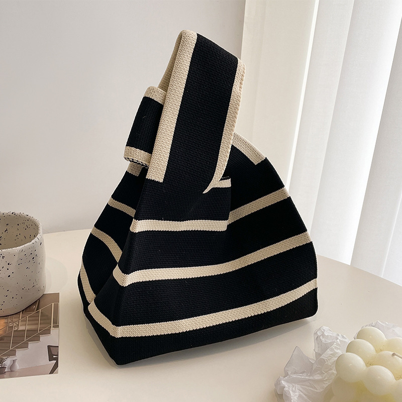 TEMU Bolso de tejido a para mujer, mini bolso de muñeca con nudo, bolso tote de moda casual de color con rayas anchas a cuadros, bolsas de compras
