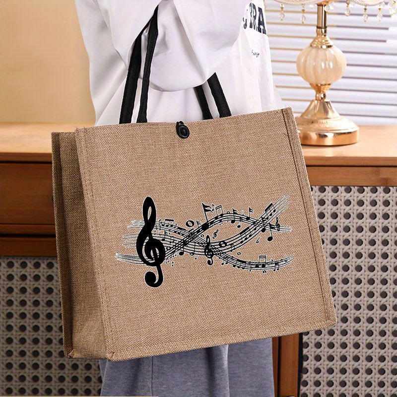TEMU Elegant Hemp Tote Bag With Music Note Print, Nylon Lined, Buckle Closure, Machine Washable, Spacious Women's Handbag For Work, Travel, And