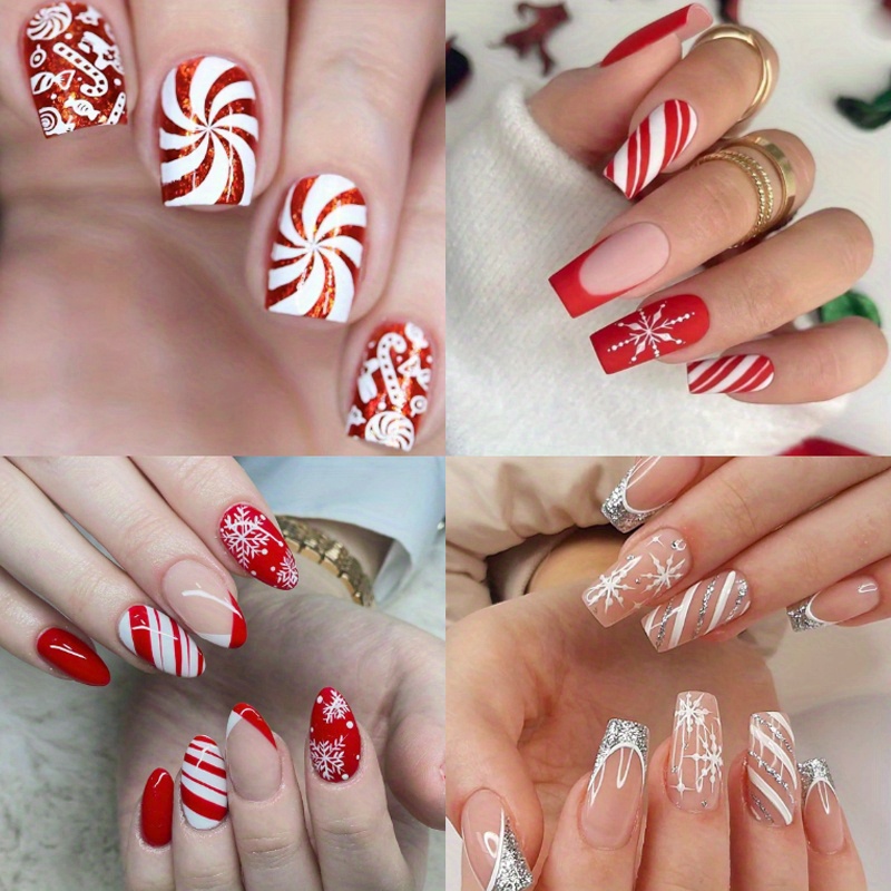 TEMU 96 Pieces Of Christmas Nail Wear, Christmas Nail Wear Frosted French Red And Snow Fake And Candy Spiral Red Glitter Nail Nail , Suitable For Women