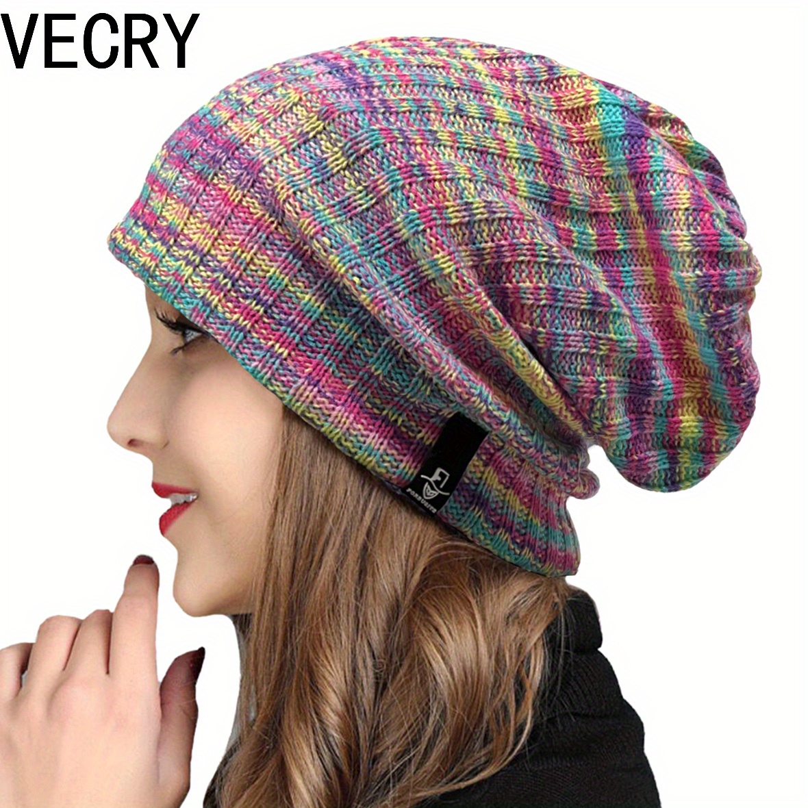 

Vecry Womens Colourful Slouch Beanie Hat Vintage Knit Long Baggy Skull Cap For Winter