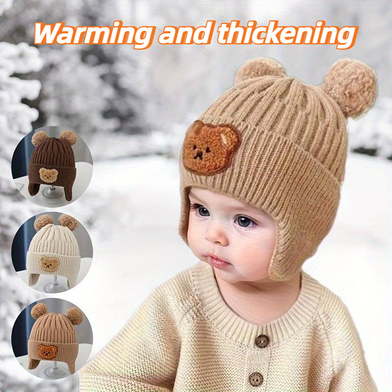 Cozy Bear-Themed Knit Hat with Ear Warmers for Youngsters - Soft Polyester, Perfect Winter Gift for Boys & Girls 0-3 Years, Available in Khaki/Coffee/Ivory details 5