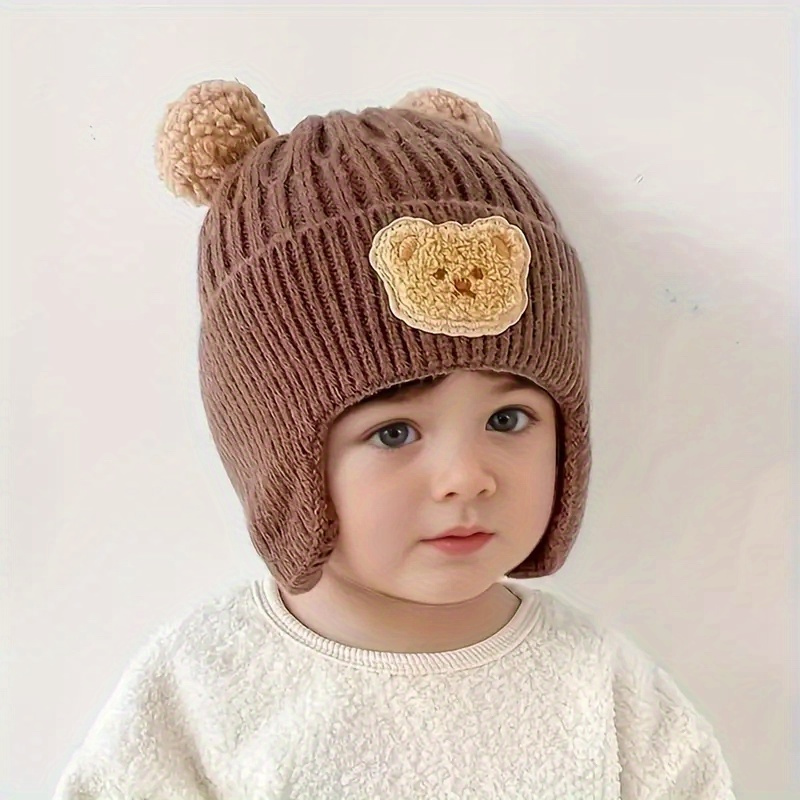 Cozy Bear-Themed Knit Hat with Ear Warmers for Youngsters - Soft Polyester, Perfect Winter Gift for Boys & Girls 0-3 Years, Available in Khaki/Coffee/Ivory details 1