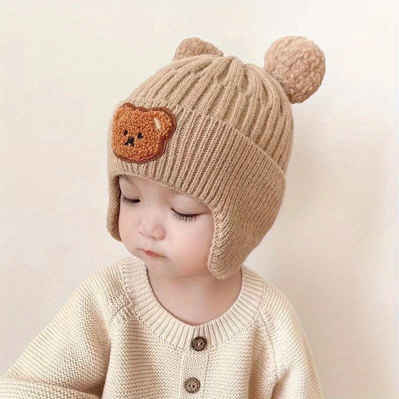 Cozy Bear-Themed Knit Hat with Ear Warmers for Youngsters - Soft Polyester, Perfect Winter Gift for Boys & Girls 0-3 Years, Available in Khaki/Coffee/Ivory details 2