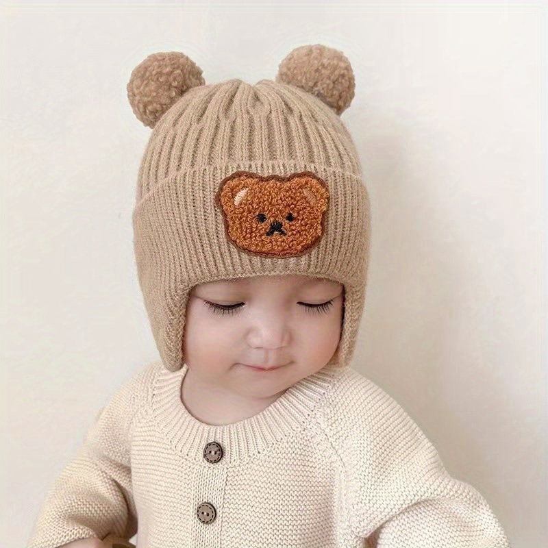 Cozy Bear-Themed Knit Hat with Ear Warmers for Youngsters - Soft Polyester, Perfect Winter Gift for Boys & Girls 0-3 Years, Available in Khaki/Coffee/Ivory details 3