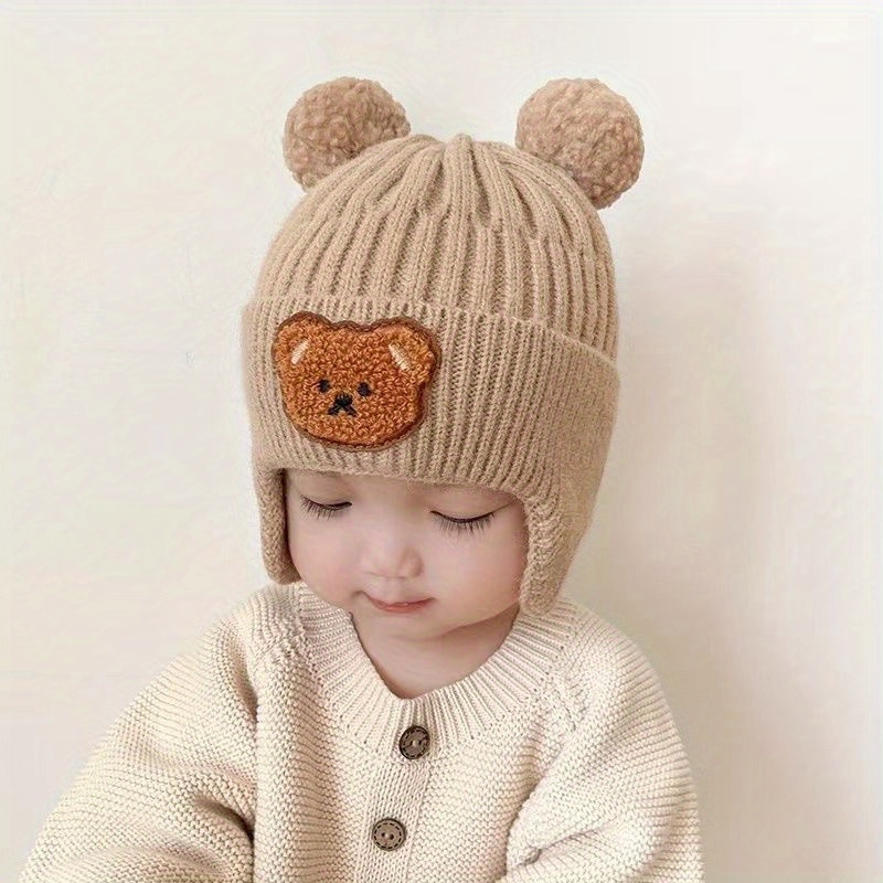 Cozy Bear-Themed Knit Hat with Ear Warmers for Youngsters - Soft Polyester, Perfect Winter Gift for Boys & Girls 0-3 Years, Available in Khaki/Coffee/Ivory details 4