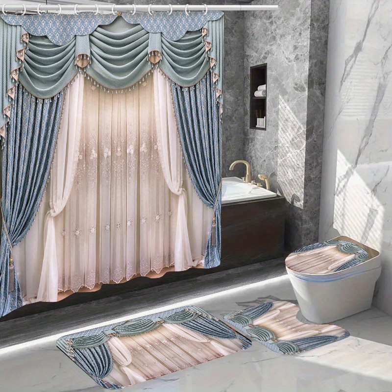 

1pc/4pcs Waterproof Bathroom Shower Curtain Set With 12 Hooks Toilet Seat Bath Mats And Rugs Non-slip Carpet Toilet Covers Polyester Fabric Washable Curtain For Windows Bathroom Accessories
