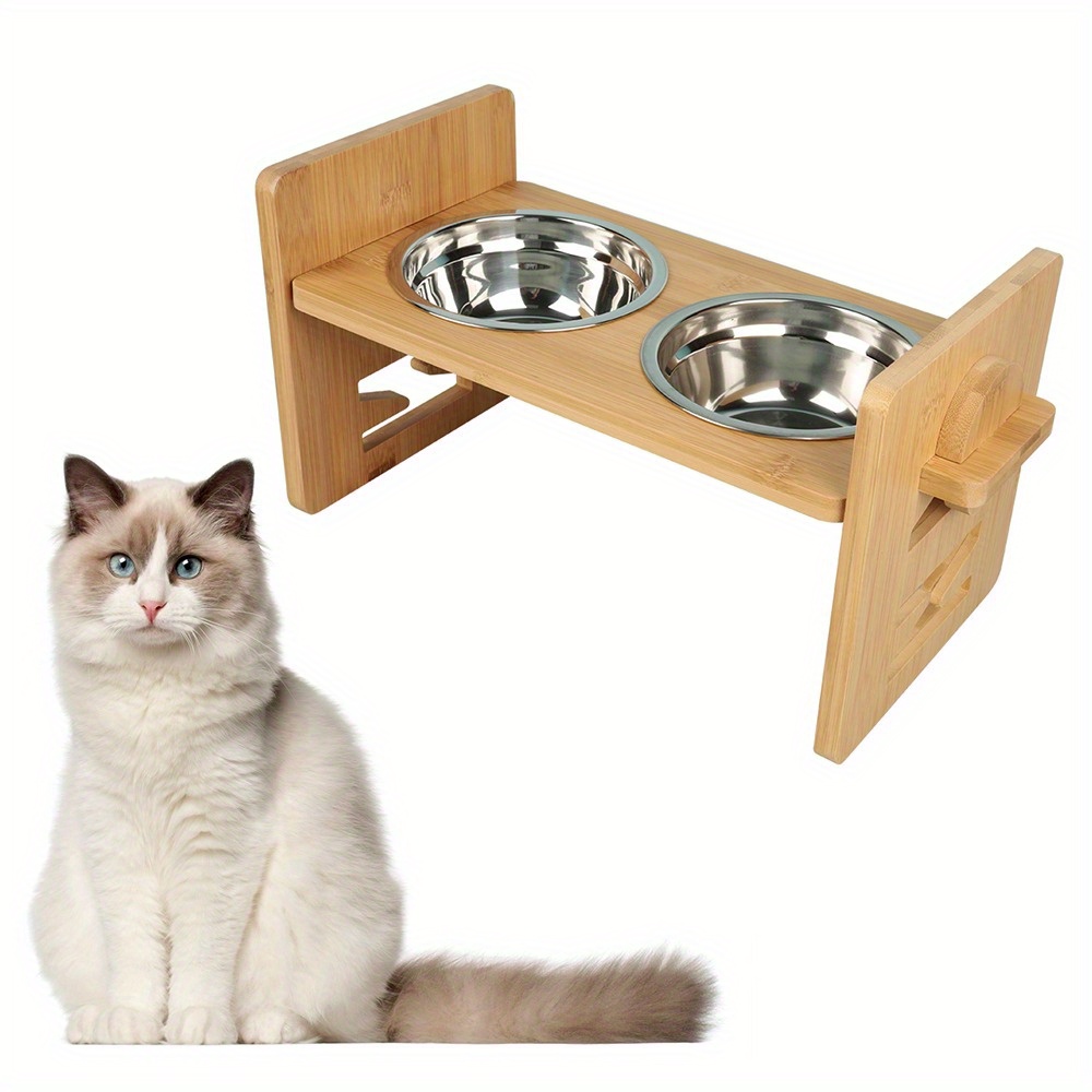 

Pet With 2 Stainless Steel Bowls, Bamboo Cat And Dog Bowl Rack, Adjustable Height, 40 * 19.5 * 18cm