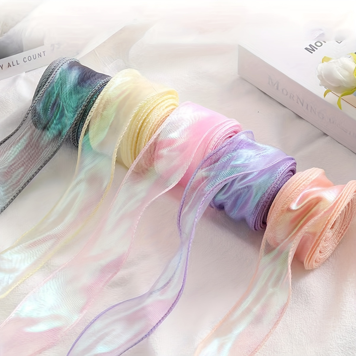 

1/10pcs Iridescent Organza Ribbon, Sheer Wired Gift Ribbons For Bouquets, Valentine's Day Wedding Decor, Supplies