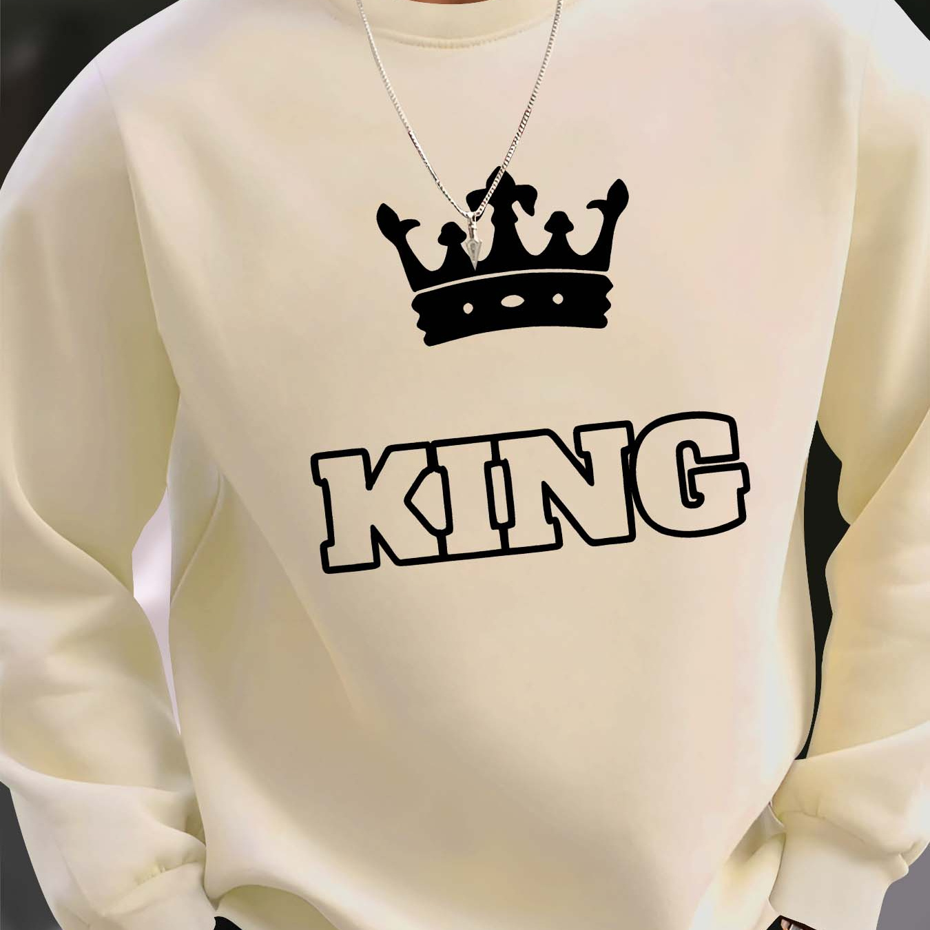 

King & Crown Print Men's Casual Fashion Long Sleeve Crew Neck Sweatshirt, Knitted Pullover, Machine Washable