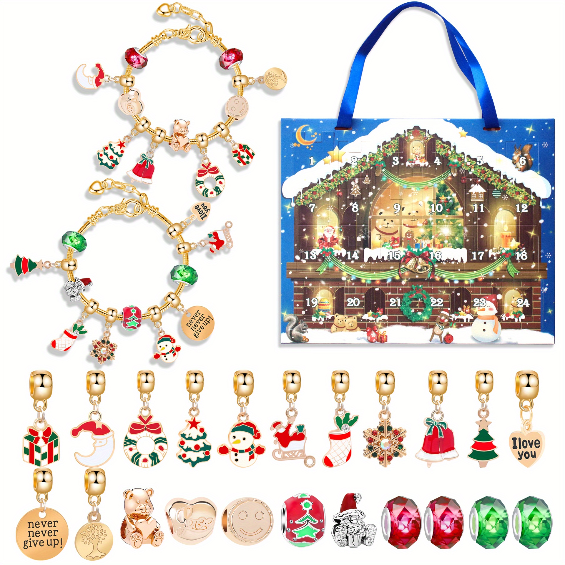 TEMU Holiday Creativity, Christmas Advent Calendar Charm Bracelet Kit - Diy Zinc Alloy Jewelry, Gift