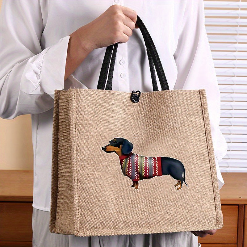 

Elegant Linen Tote Bag With Dachshund Print, Nylon Lined, Closure, Machine Washable, Large Capacity, For Work, School, And - B51h