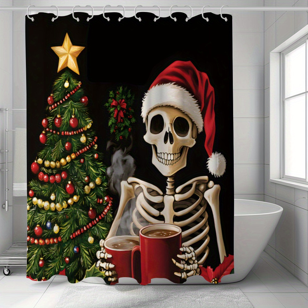 

Satin Weave Polyester Bath With Christmas Skeleton And Festive , Machine Washable, Water-resistant, Novelty Bathroom Decor With Hooks - Ideal Christmas Gift (1pc)