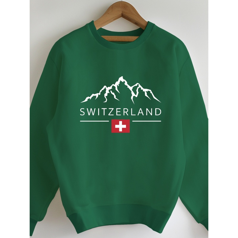 

Switzerland-inspired Women's Sweatshirt - Casual Crew Neck, Long Sleeve With Geometric Mountain Print, Polyester , Machine Washable - Fall/winter, Switzerland