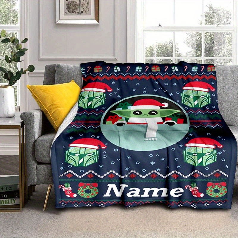 

Personalized Yoda Name Cartoon Flannel Blanket - Hypoallergenic Polyester Fiber, Machine Washable, Super Soft Cozy Nap Blanket For Sofa, Bed, Travel, And Leisure - Customizable With Name