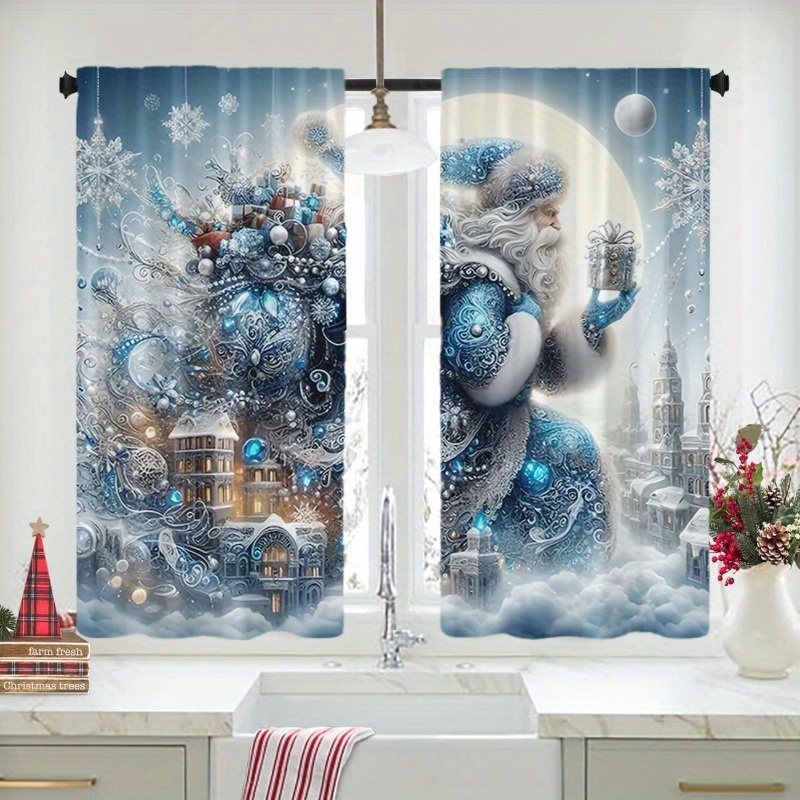 

2pcs Set Blue Santa Claus Christmas Curtains - Soft, Light-blocking Rod Pocket Drapes For Bedroom & Living Room Decor - Polyester, Christmas Curtains For Living Room