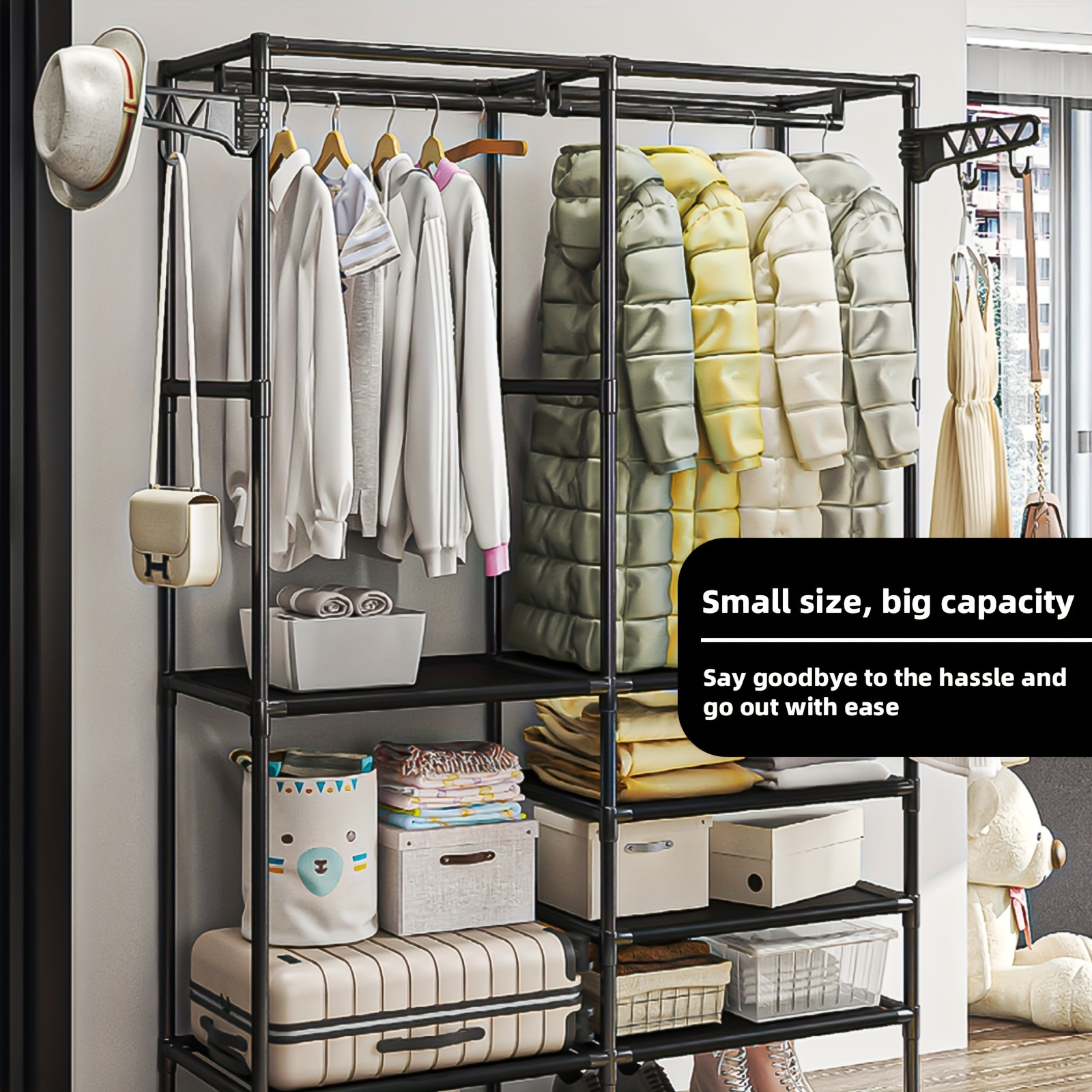 

Space-saving Metal Clothes Rack With Shelf - Freestanding Bedroom Organizer With Hanging Rod, Storage Basket & Shoe Rack