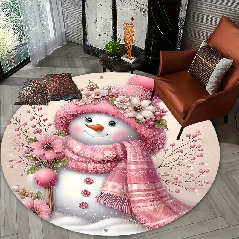 

1pc Christmas Pink Snowman & Flowers Round Rug, Flannel & 1cm Foam, Absorbent & Non-slip, Machine Washable Polyester Floor Mat, For Home, Bedroom, Living Room, Indoor/outdoor Decor, Holiday Decor