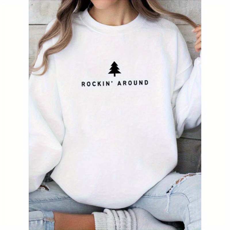 

Casual Crew Neck Long Sleeve Sweatshirt For Women With ' Around Slogan, Knit Polyester Stretch Fabric, Christmas Top