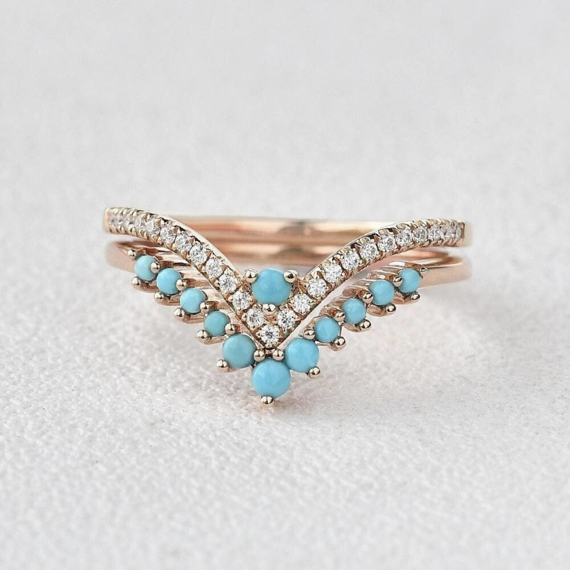 

2pcs Fashionable Women's Luxurious Turquoise Rose V-shaped Engagement And Wedding Ring Perfect Gift Jewelry