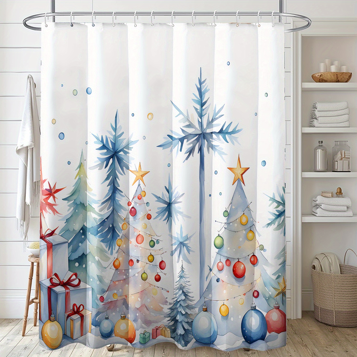 

1pc Snowflake Ball Cedar Gift Shower Curtain, Waterproof Polyester Fabric With Hooks, Windows And Walls Bathtub Bathroom Home Decor Shower Curtain All