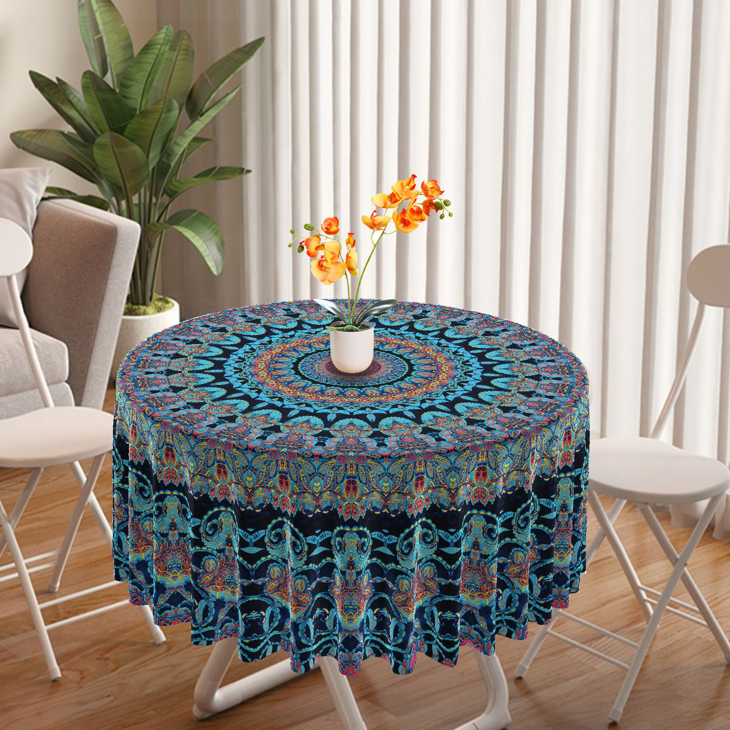 

Blue Mandala Round Tablecloth - Waterproof, Polyester Dining Cover For Patio & Outdoor Use, Vintage , Bbqs, , Parties - 63 Inch