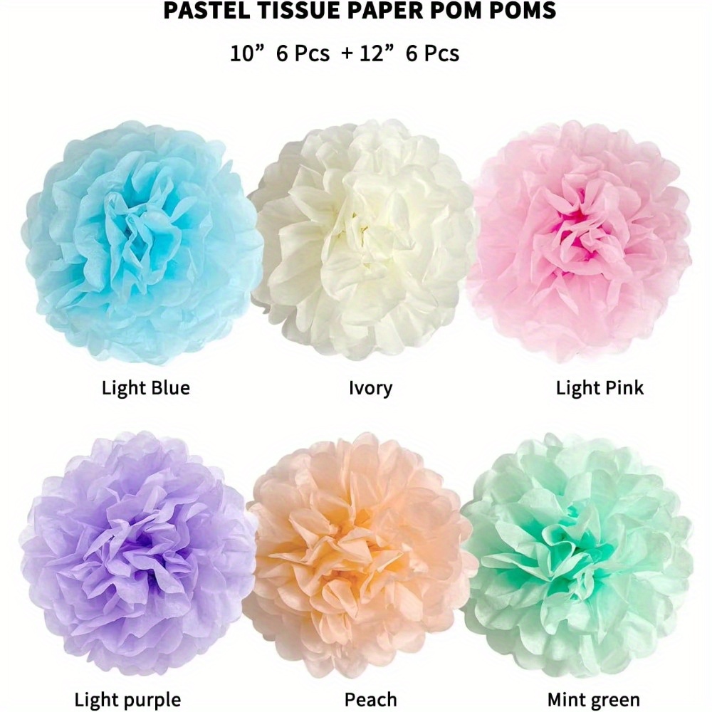 Image of 12pcs 10 Inch 12 Inch Pastel Tissue Paper Pom Poms Party Decorations Cream Easter Macaron Flowers Wall Hanging Supplies Birthday