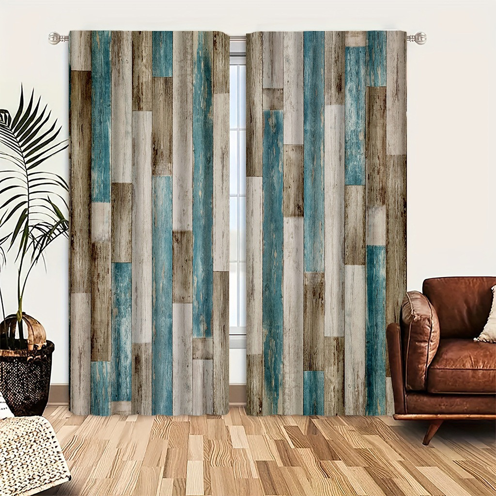 

2pcs Set Minimalist Wooden Print Door & Window Curtains - Washable, , | Lightweight & Ventilated For Insulation & | Decor