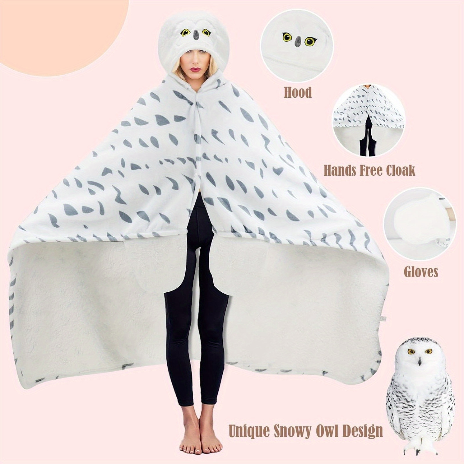 

Cosy Snowy Owl Hooded Blanket Cape With Gloves- Super Soft Flannel Adult Wear Blanket, For Men And Women