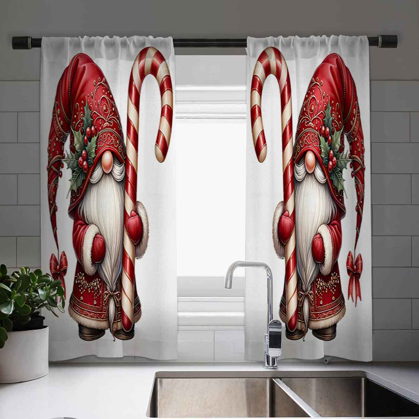 

1pc Christmas Decor Coffee Shop Curtain - Christmas Dwarf Print Curtain, European Tableware Design - Vintage Style Window Decoration, For Kitchen, Farmhouse, Living Room And Bedroom Decoration