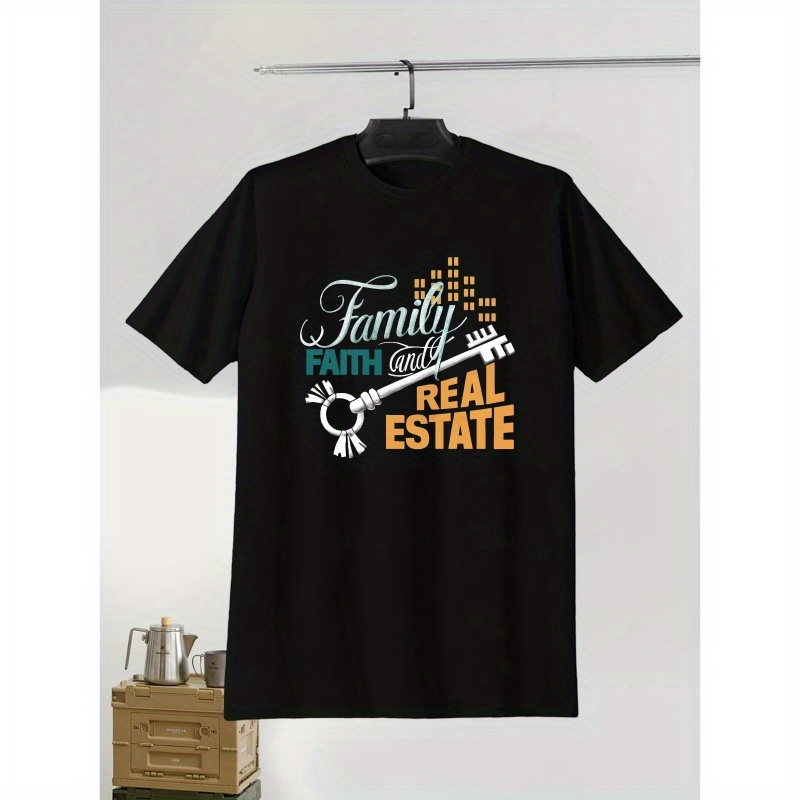 

Real Estate Themed Polyester T-shirt - Casual Crew Neck With Slight Stretch, Men's Short Sleeve Summer Top With Geometric Pattern, Faith Graphic Tee