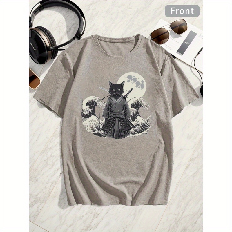 

Big & Tall Men's Summer T-shirt - Cat Graphic, Casual Short Sleeve Tee, Breathable Polyester, Machine Washable, Plus Size