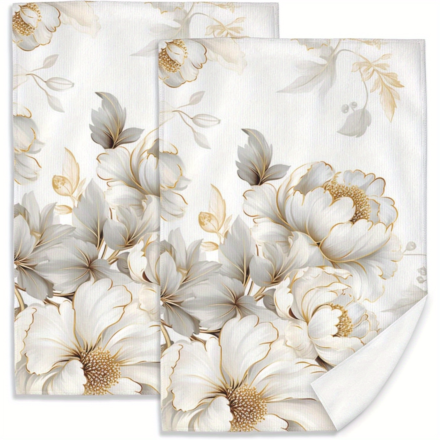 

Golden Floral 2-pack Kitchen Towels Set, Super Soft, Absorbent Polyester Dish Cloths, Modern Woven Dish Towels For Drying, Spa, Gym, And Guest Use, Machine Washable - 18x26 Inch