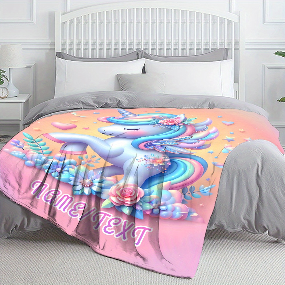 TEMU Custom 1pc Custom Name Cute Unicorn Pattern Blanket - Lightweight Flannel Throw For Sofa, Bed, Travel, Livingroom, Office, Couch And Bed -