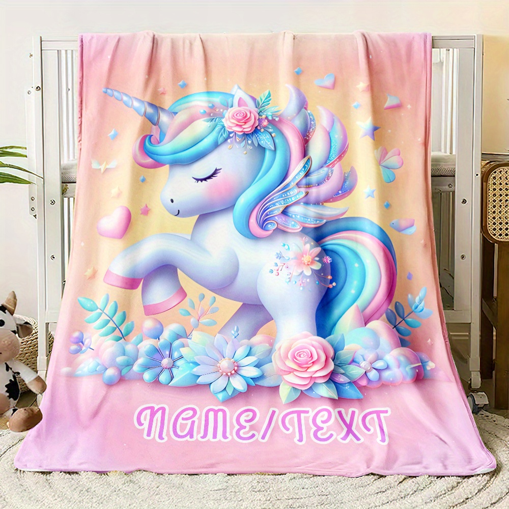 TEMU Gepersonaliseerde 1-delige Blanket met Eigen Naam, Schattig Eenhoornpatroon, - Lichtgewicht Flanellen Plaid voor Bank, Bed, Reizen, Woonkamer,