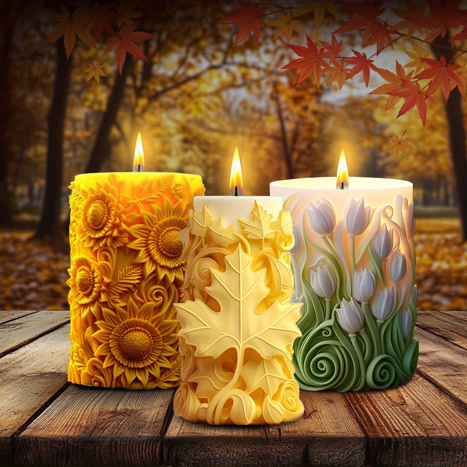 

3-pieces Cylinder Silicone Candle Mold Set, Scented Candle Mold For Epoxy Resin Crafts, Diy Candle Making Mold, Soap Mold, Maple Leaf Candle Mold, & Sunflower Candle Mold, Home Decor