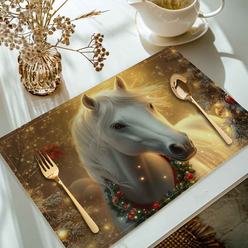 

Home Set Of 4 White Horse Polyester Placemats - Woven, Washable, Rectangular Dining Table Mats For Kitchen Decor