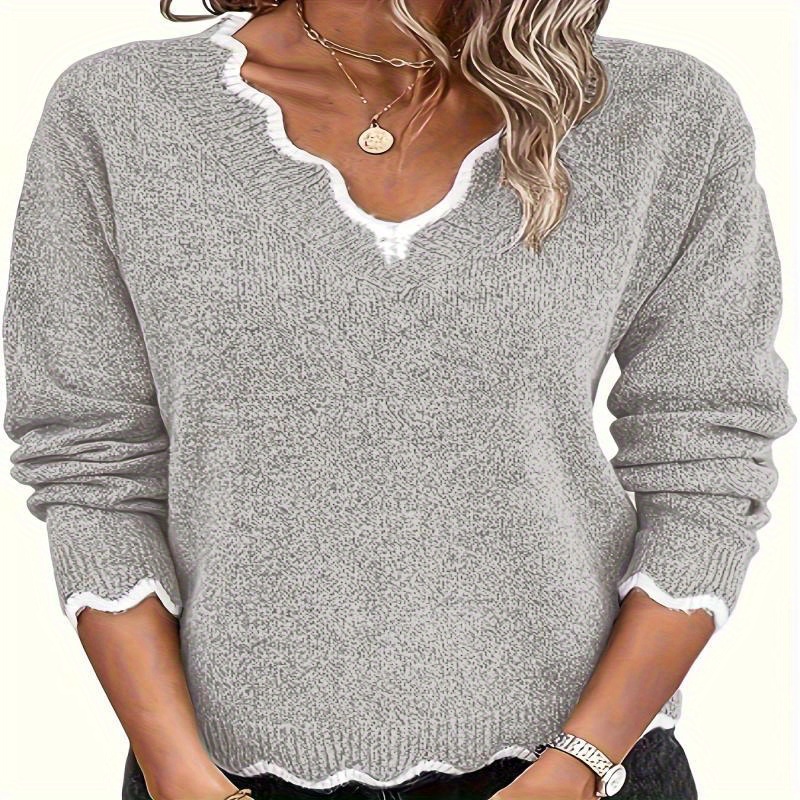 

Women's Gray Sweater Top, Casual Knit, Lace V-neck, Warm Inner Top For Fall & Winter