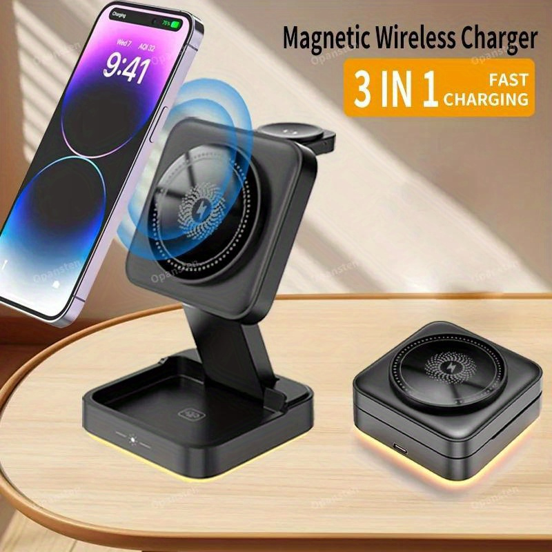 

3-in-1 Magnetic Wireless Charging Station - Foldable Multi-device Pad For Iphone 15/14/13/12, For Apple Watch, And For - Fast Charging Dock