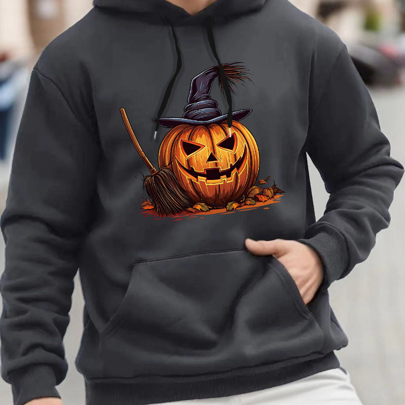 

Men's Hoodie, Casual Pullover Sweatshirt With Creative Pumpkin Print, Pocket Detail, Polyester Fabric, Regular Fit, Knit Style