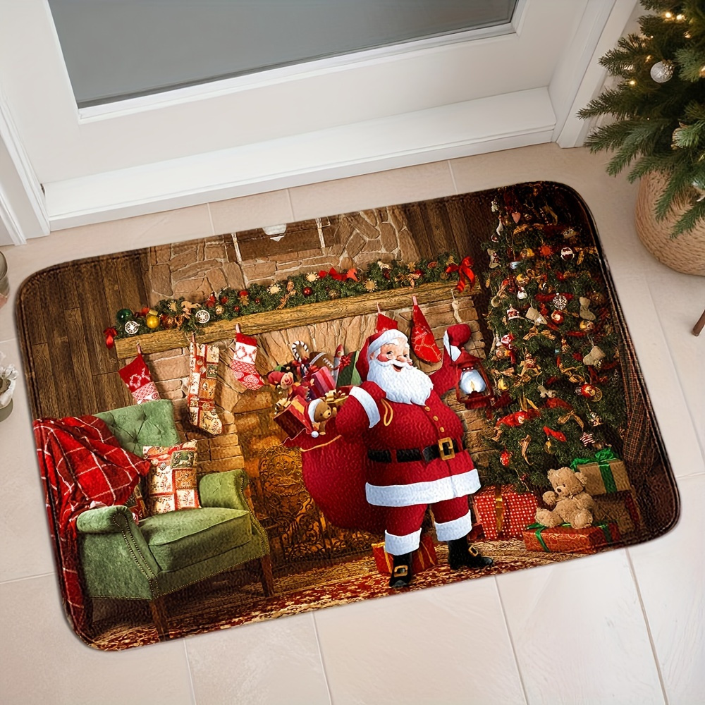 1pc santa claus print door mat polyester absorbent non slip stain resistant floor mat machine washable knitted lightweight suitable for home bedroom living room kitchen holiday decoration details 0