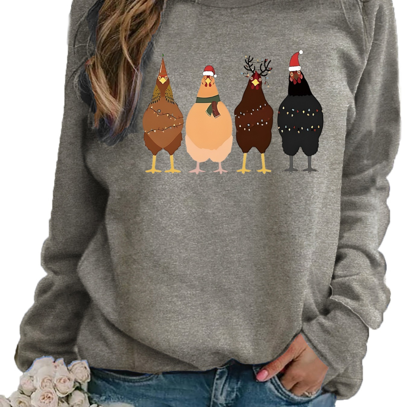 

Women's Christmas Print Sweatshirt - Casual Crew Neck, Long Sleeve Pullover With Raglan Shoulders, Cotton , Machine Washable