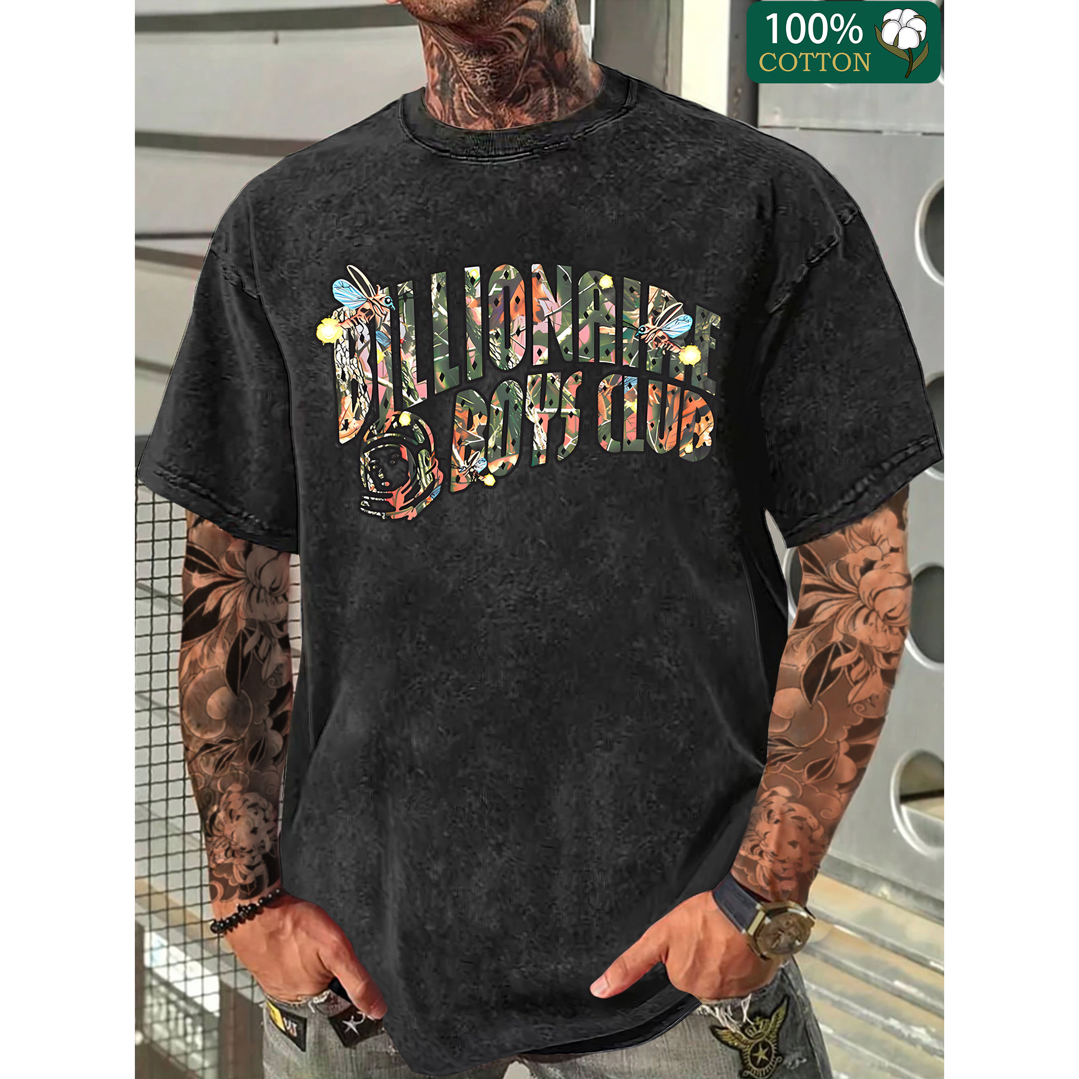 

Creative Fashion Letter Printing, Boutique 230g Washed Batik Thickened Cotton T-shirt, Men' Casual Cotton T-shirt, Short Sleeve Round Neck T-shirt