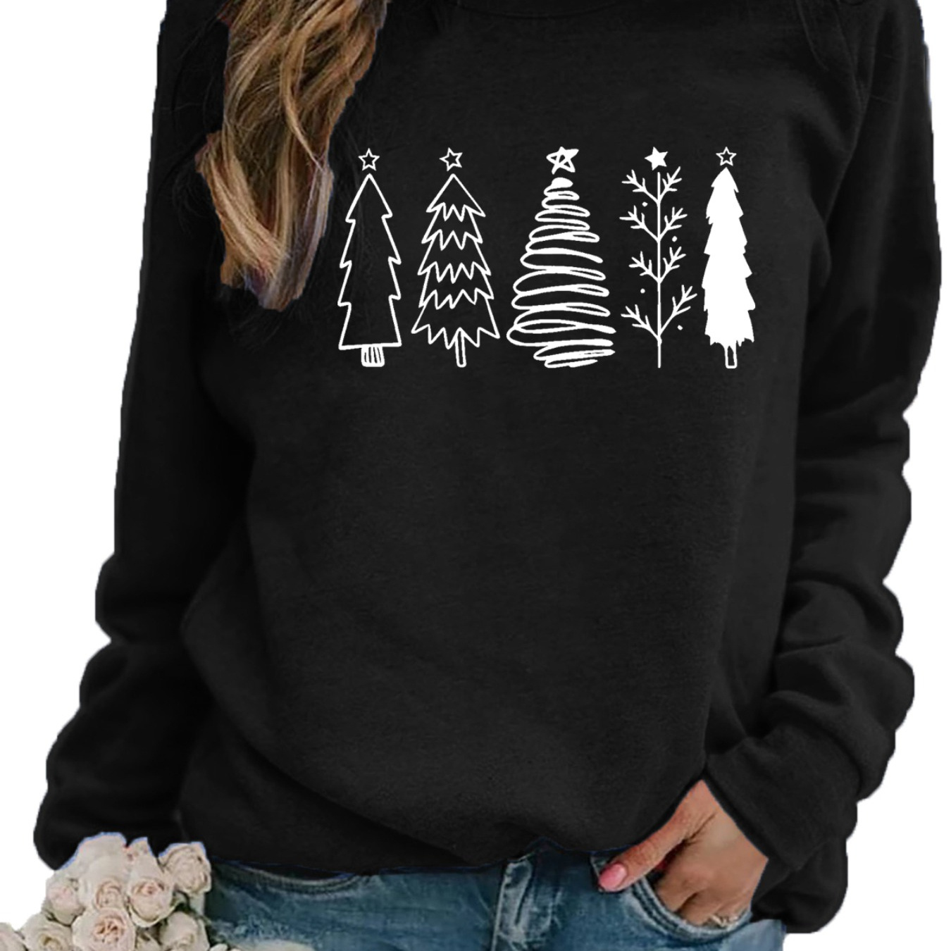 

Women's Casual Christmas Tree Applique Sweatshirt - Cotton Blend Knit Fabric With Spandex, Crew Neck Pullover With Raglan Long Sleeves For Spring/summer/fall