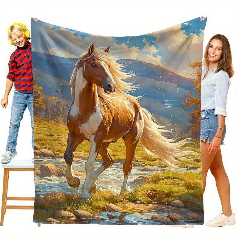 

Open 1pc Wild Horses On The Pattern Stitching Printed Blanket, Flannel Blanket, Soft, Plush, Blanket, Holiday Blanket Gift