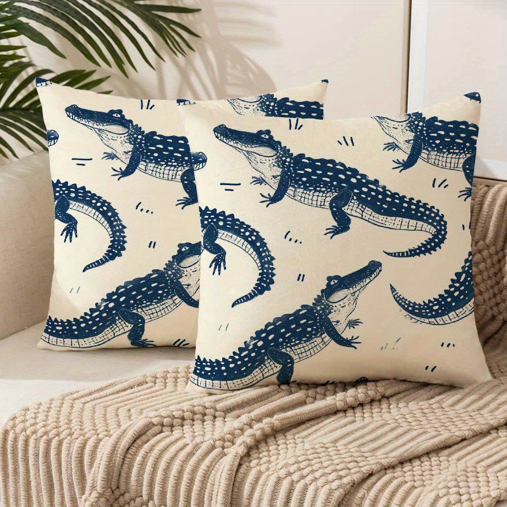 

2pcs Crocodile Pattern Pillow Case Set - Soft Short Plush, Zippered Square Covers For Sofa & Outdoor Decor, Machine Washable